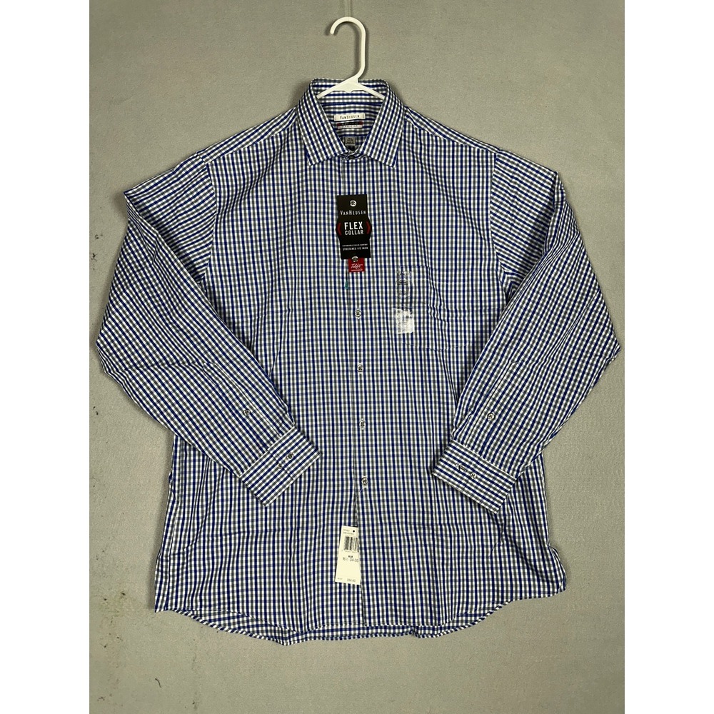 NEW Van Heusen Dress Shirt Mens 16.5 34-35 Flex Collar Blue Gingham Button Down